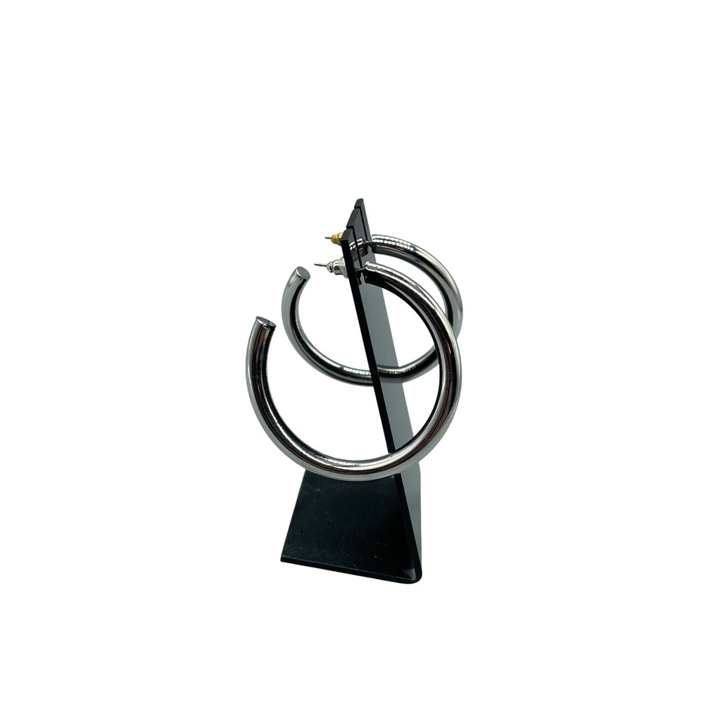Silver Tone Chunky Open Hoop Earrings High‎ Shine Polished Tubular Studs 2 Inch